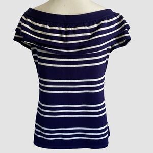 Pointelle Navy/White Double Ruffle Shoulder Coastal Nautical Casual Knit Top-XL